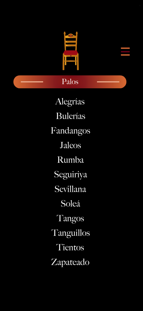 Flamenco Compás - List of flamenco palos styles including Alegrias and Bulerias in the Flamenco Compas app