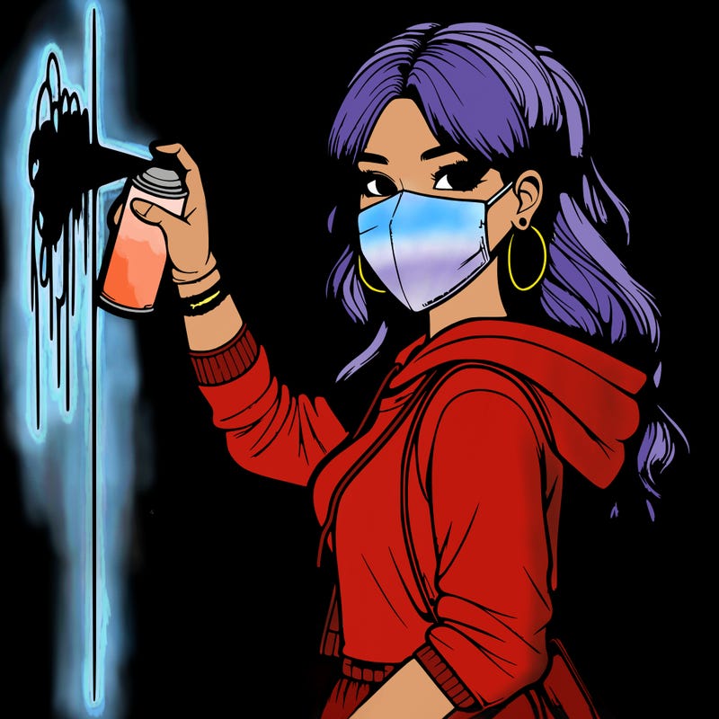 realistic girl with mask spray painting a wall