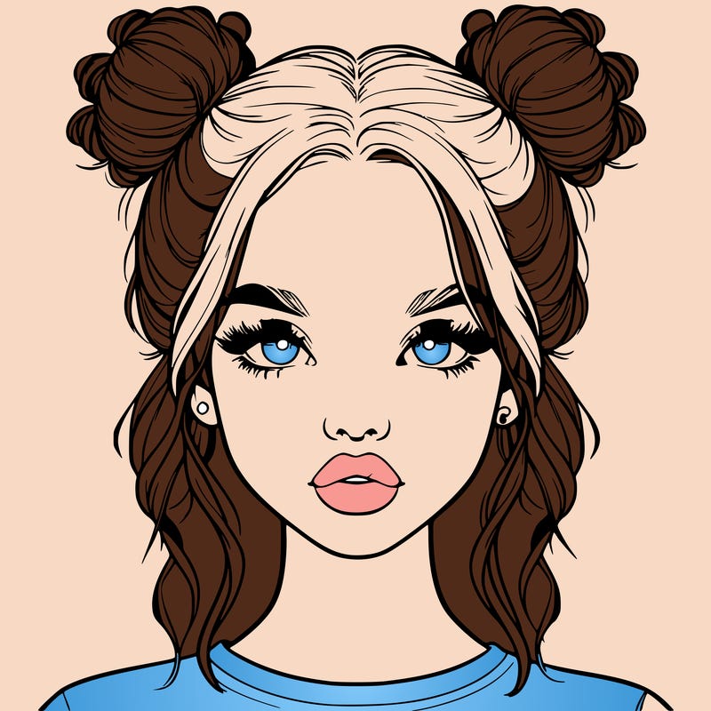 realistic girl with two buns in hair and lips