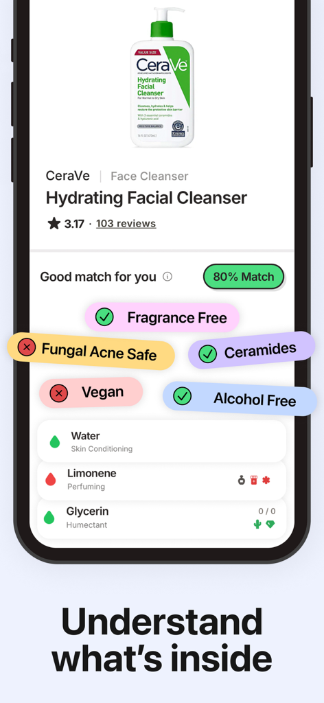 SkinSort - Skincare Scanner - Mobile screen of SkinSort app showing ingredient analysis and compatibility match for CeraVe Hydrating Facial Cleanser.