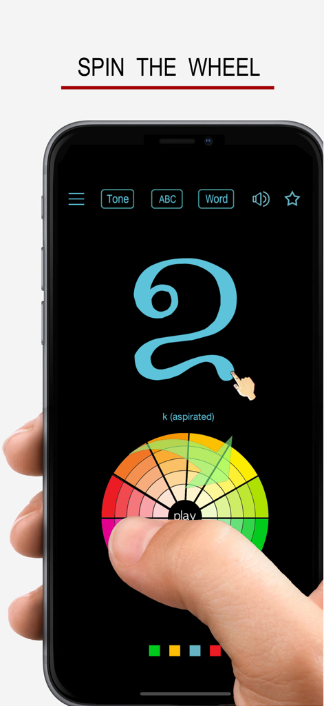 Lao Words & Writing - A smartphone showing the Lao Words and Writing app with a colorful spin the wheel feature for learning script characters