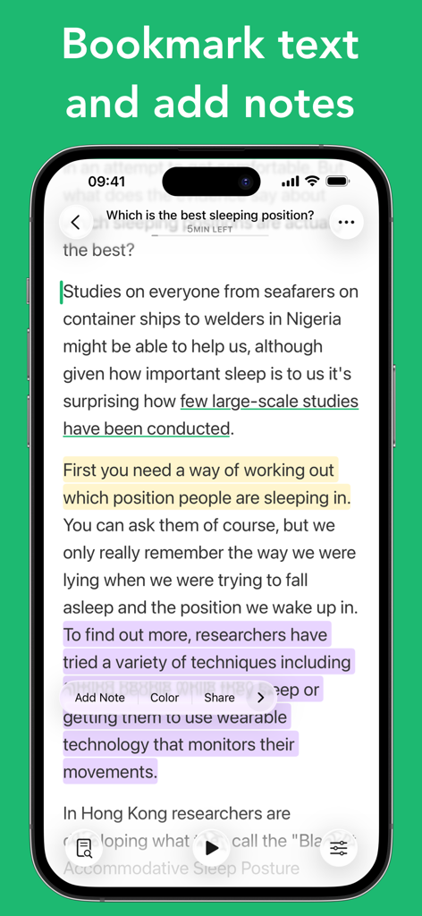 Outread: Speed Reading - Smartphone displaying the Outread app with highlighted text and a menu for adding notes and bookmarks