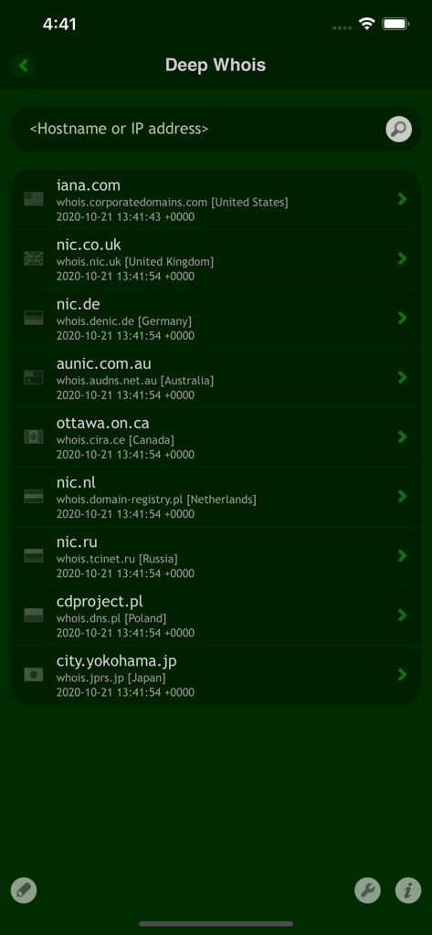 Deep Whois - Deep Whois mobile app interface showing a list of recent domain and IP lookup history including iana.com and nic.co.uk