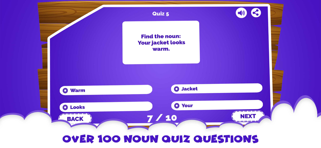 Una captura de pantalla de la aplicación Learn Noun Quiz que muestra una pregunta de opción múltiple pidiendo encontrar el sustantivo en una oración.