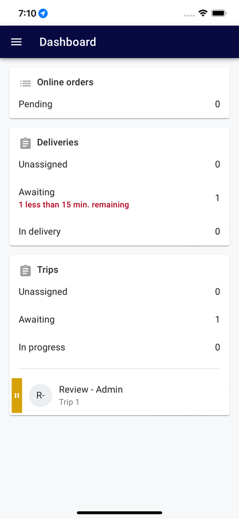 RePOS restaurant management app dashboard showing status of online orders and deliveries