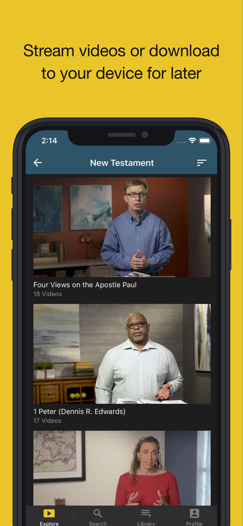 MasterLectures - Interface do aplicativo MasterLectures exibindo uma lista de cursos em vídeo do Novo Testamento disponíveis para streaming e download