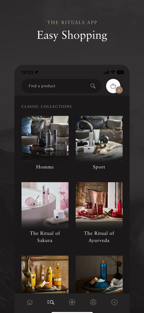 Interface de l'application Rituals présentant des collections de produits classiques pour un shopping facile
