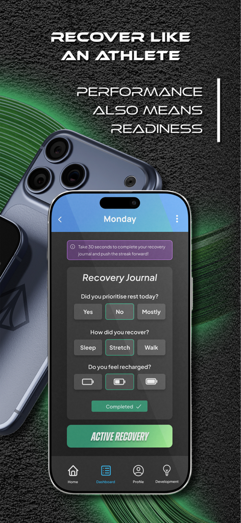 Spade.Fit - Adaptive Workouts - Spade.Fit app screen showing the Recovery Journal feature for tracking rest and readiness