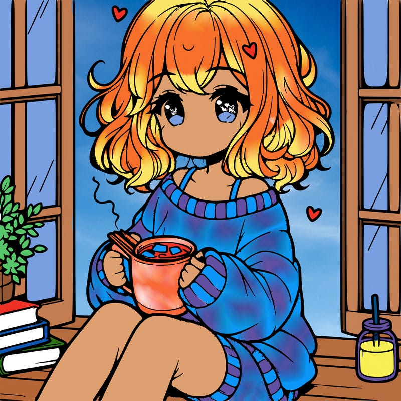 cute anime girl reading book and drinking hot chocolate from mug with loose wavy hair wearing a baggy sweatshirt and shorts sitting by windowsill looking out