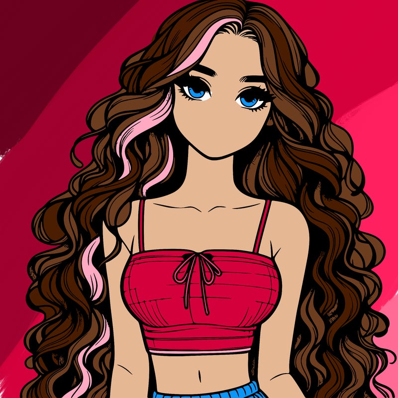 realistic girl with long curly hair and a crop top