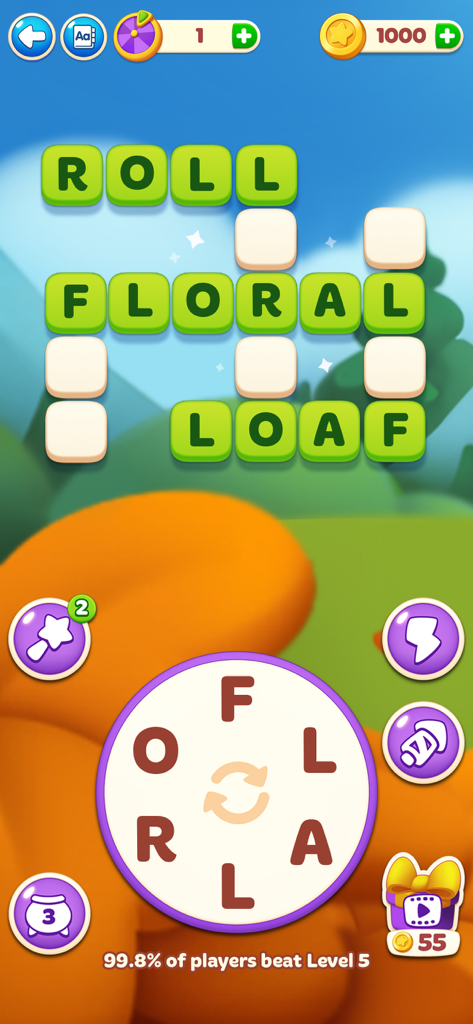 Word Spells: Game for Seniors - Gameplay von Word Spells mit einem Kreuzworträtselgitter mit abgeschlossenen Wörtern und einem kreisförmigen Buchstabenauswahlrad.