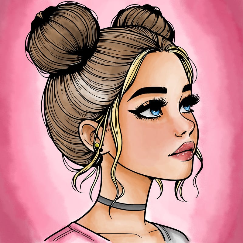 realistic girl with buns on the top of her head