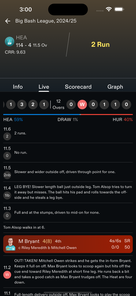 Interfaz de aplicación móvil que muestra resultados de cricket en vivo y comentarios bola a bola para un partido de la Big Bash League.