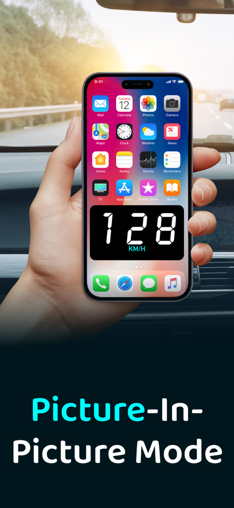 Speedometer GPS: Speed Monitor - 운전 중 Picture-in-Picture 모드에서 디지털 속도계 오버레이를 표시하는 iPhone 화면