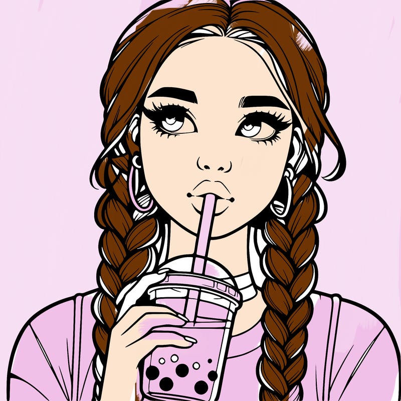 realistic girl with braided hair drinking boba