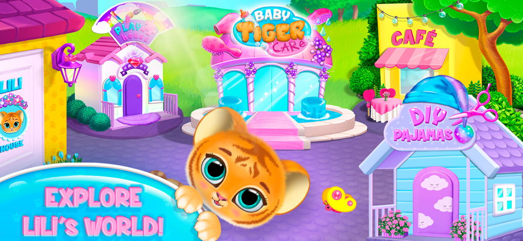 Colorful game world map of Baby Tiger Care app featuring Lili the tiger and activity buildings like Cafe and Play House