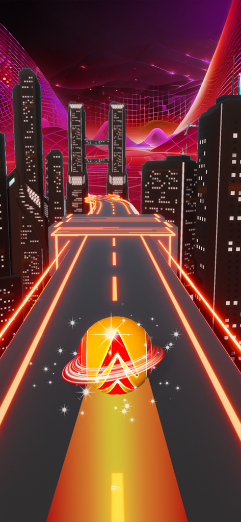A yellow ball rolling on a neon-lit orange track through a futuristic city.