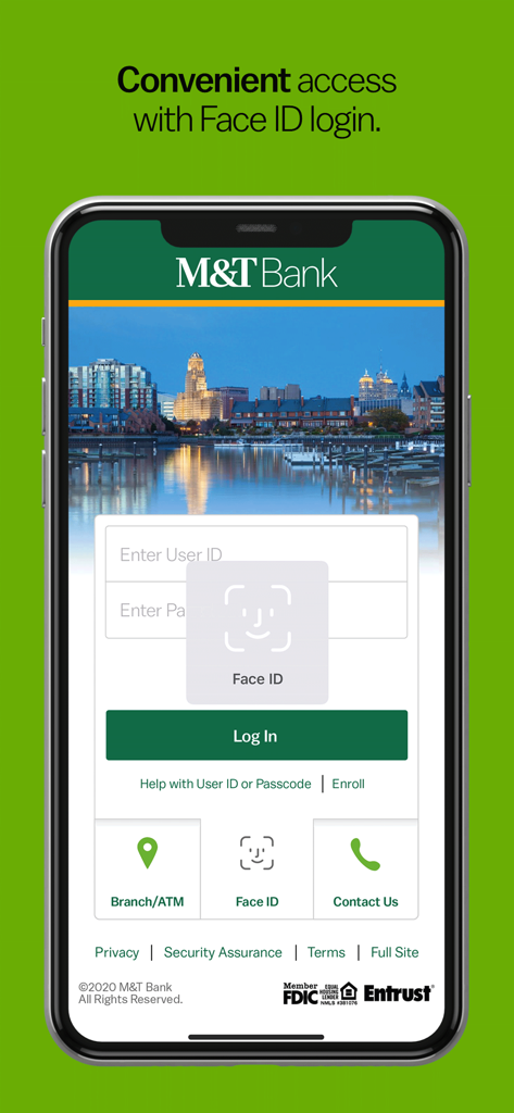 Pantalla de inicio de sesión de M&T Mobile Banking que muestra la autenticación biométrica Face ID para un acceso seguro y conveniente.