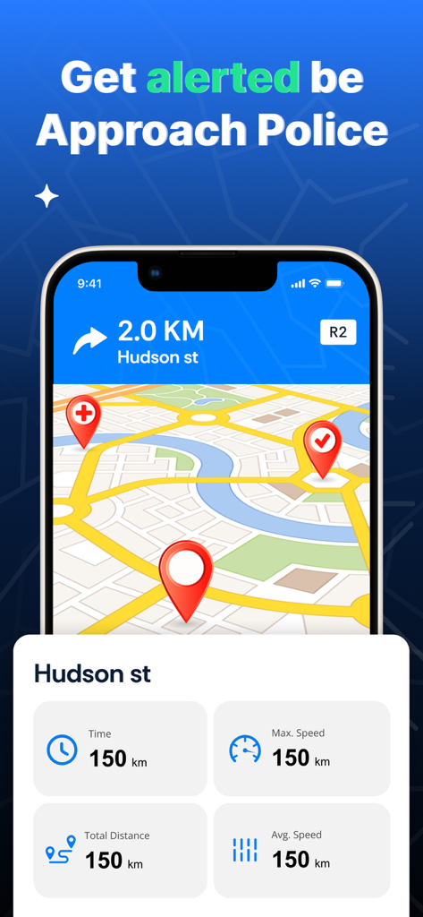 GPS Navigation & Offline Maps - Mobile app interface for GPS navigation featuring police alerts and a dashboard with driving speed and distance stats