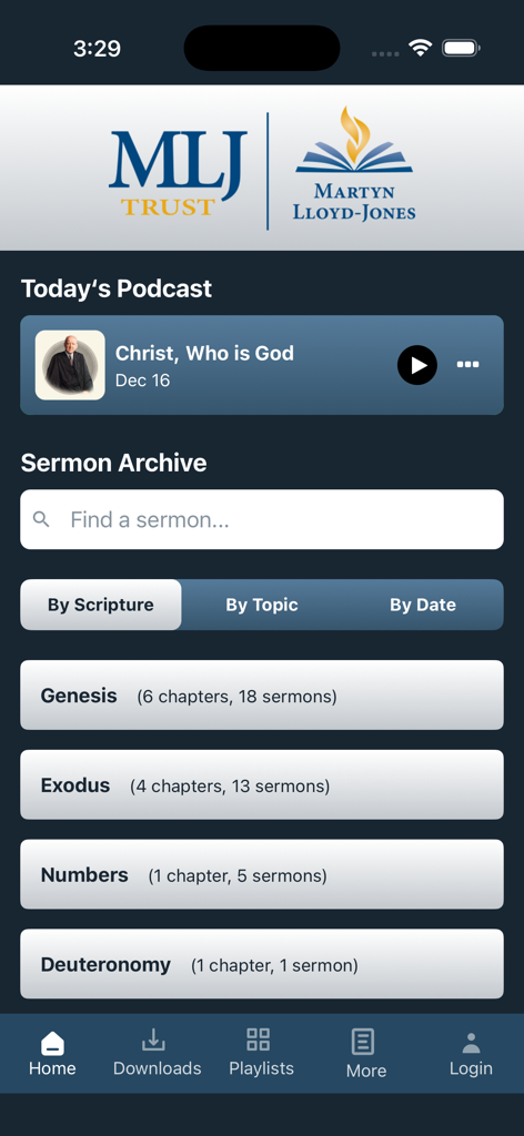 Écran d'accueil de l'application MLJ Sermons affichant les archives des sermons triées par livres de la Bible, comme la Genèse et l'Exode.