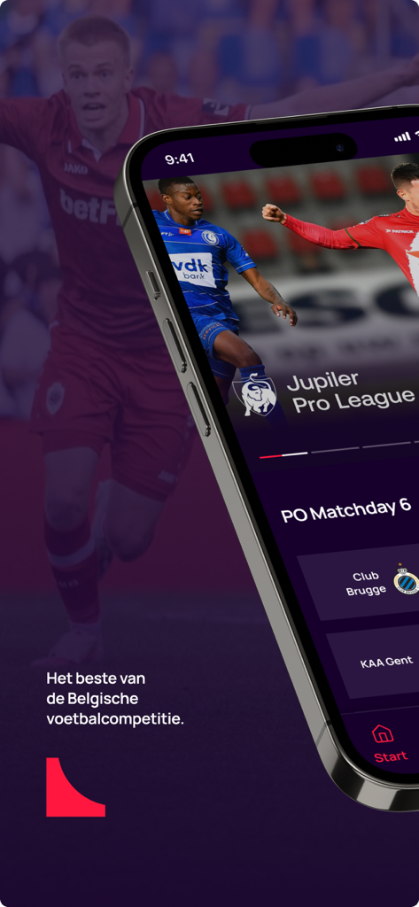 Pro League - Pro League mobile app home screen showing Belgian soccer matches and club information