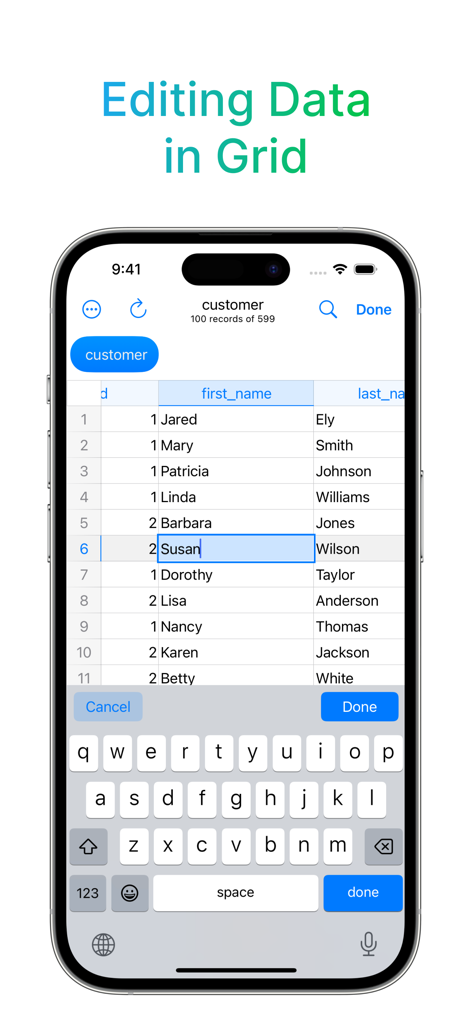 Editing records in the SQLite Mobile Client data grid view