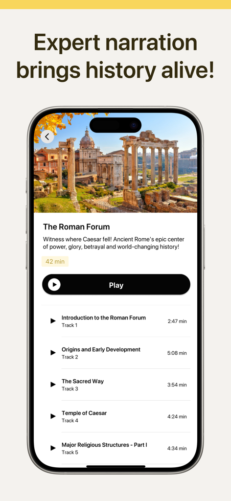 Pantalla de smartphone mostrando una lista de pistas de narración de expertos para un recorrido por el Foro Romano.