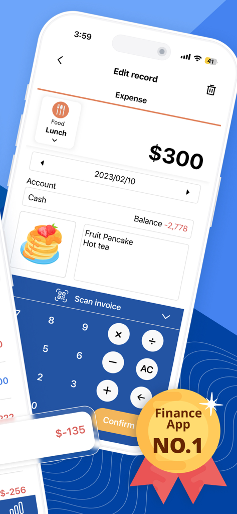 CWMoney app screenshot showing an expense entry for lunch with a photo and integrated calculator.