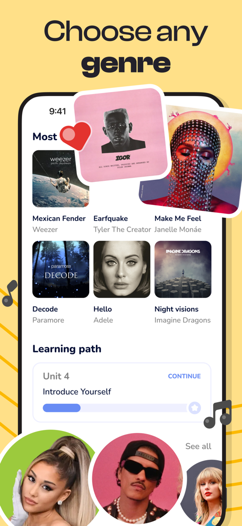 Singit: Learn English & Music - 다양한 아티스트의 노래 선택과 영어 학습 경로 진행률 표시줄을 보여주는 Singit 앱 인터페이스