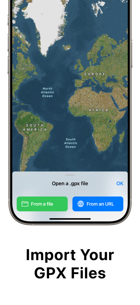 TrailWay: GPX Hiking Companion - Interfaz de la aplicación TrailWay que muestra opciones para importar archivos GPX desde un archivo local o una URL sobre un mapa satelital.