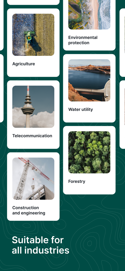 Mergin Maps interface showing suitability for various industries including agriculture forestry and construction