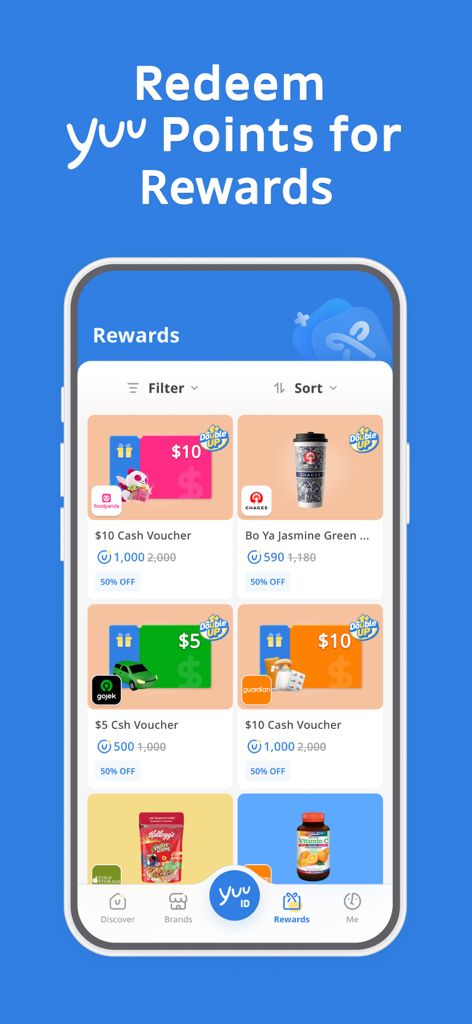 The yuu SG app rewards page showing various cash vouchers and retail discounts available for point redemption