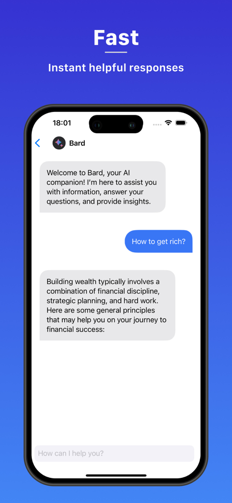 AI Chat - Ask Bot Assistant - AIチャットボットアシスタントアプリのモバイルスクリーンショット。高速応答とのチャットインタラクションを示しています。
