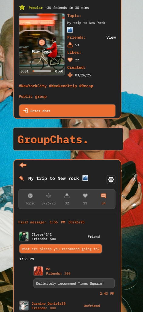GroupChats - Una captura de pantalla de la aplicación GroupChats que muestra un grupo titulado 'Mi viaje a Nueva York' con chat activo y destacados de video.