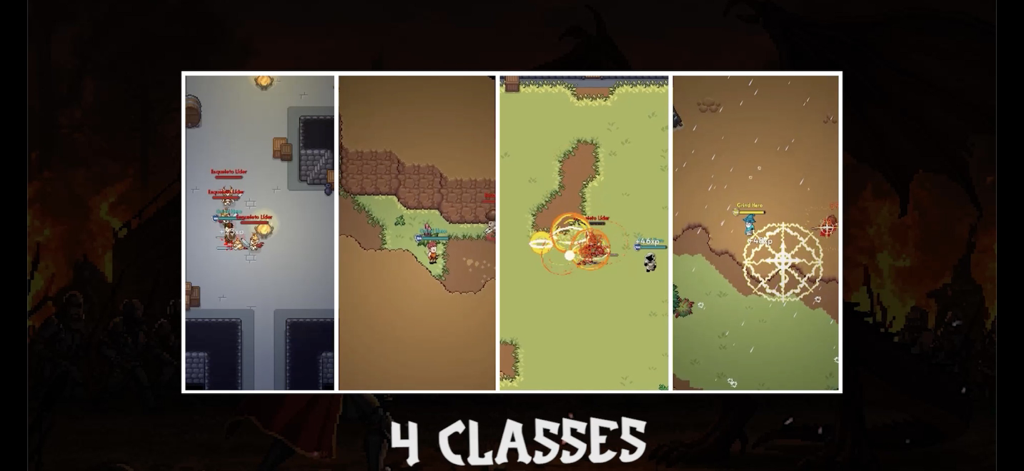 Grind Hero: MMORPG - Quatro painéis de jogo mostrando diferentes classes de personagens e combate no MMORPG 2D Grind Hero.
