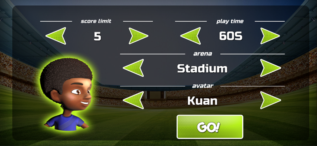 Head Soccer-Play Football - Pantalla de configuración del juego para Head Soccer que muestra la selección de avatar y la configuración del partido.