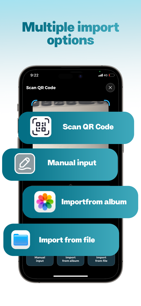 Screenshot der Authenticator App, der vier Importmethoden zeigt: QR-Code scannen, manuelle Eingabe, Import aus Album und Import aus Datei.