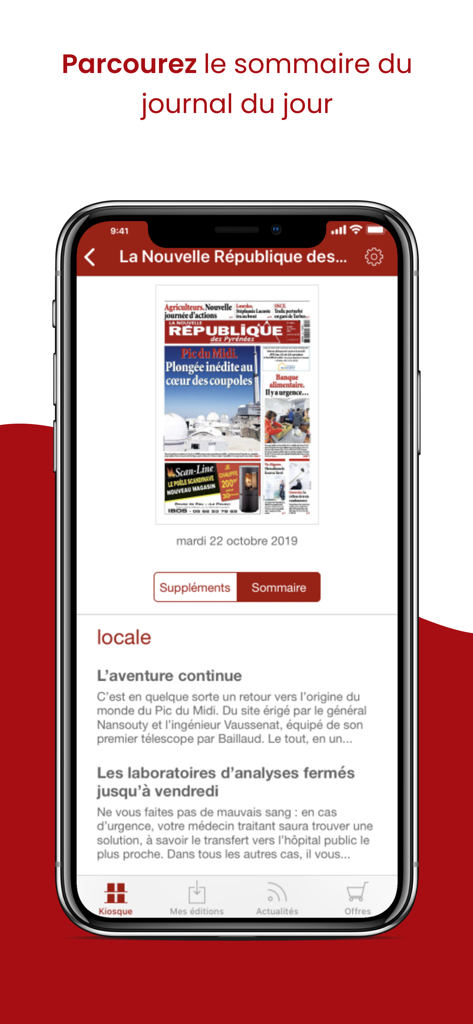 Un smartphone montrant le résumé et la couverture quotidienne de l'application du journal La NR des Pyrénées.