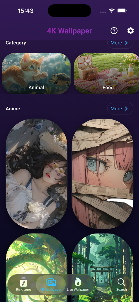 Sounds & Live Wallpapers - Interface de aplicativo móvel mostrando categorias de papéis de parede 4K, incluindo animais, comida e anime
