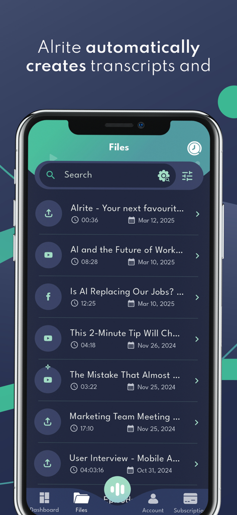 Alrite - A screenshot of the Alrite app showing a searchable list of transcribed audio and video files including meeting notes and interviews