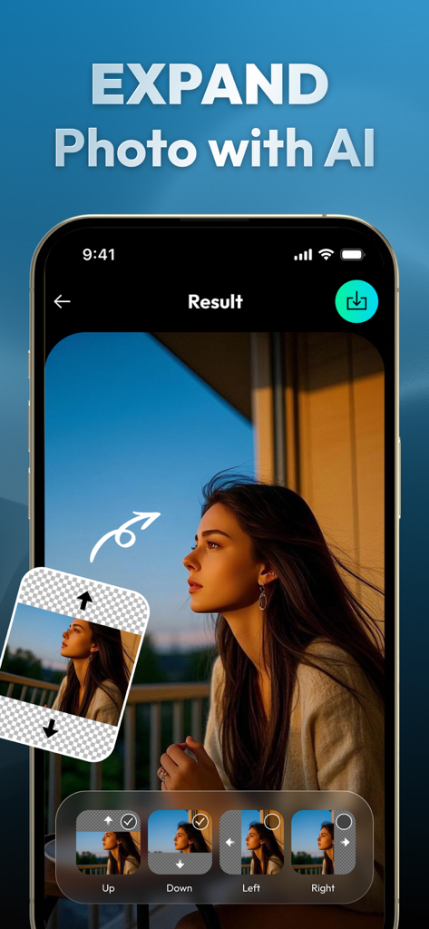 Una pantalla de teléfono inteligente que muestra la función de la aplicación Refino para expandir una foto usando IA en varias direcciones