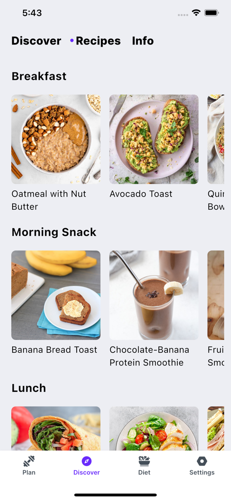 Asian Pilates: Daily Pilates - Pantalla de descubrimiento de recetas de comidas saludables en la aplicación Asian Pilates, que presenta opciones de bocadillos para el desayuno y el almuerzo.