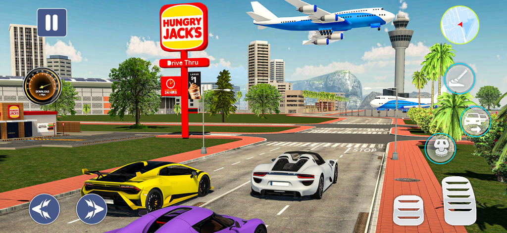 Car Dealership : Company Game - High performance sports cars driving through a city with an airport and airplane in the background