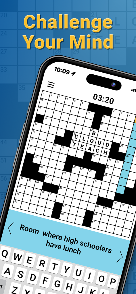 Daily Themed Crossword puzzle app interface showing a crossword grid and a word clue on a smartphone.