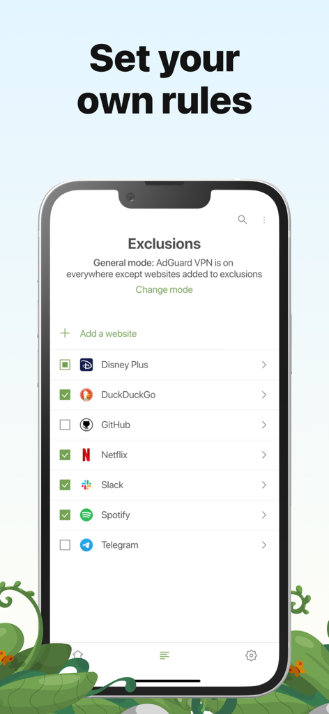 AdGuard VPN website exclusions settings screen on an iPhone