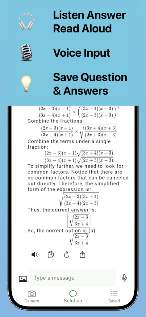 Pre Calculus - Interfaccia dell'app Pre Calculus che mostra la soluzione di un problema di matematica passo-passo con input vocale e funzioni di lettura ad alta voce.