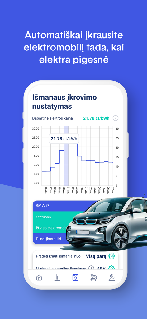 Ignitis EnergySmart app interface for automated electric vehicle charging based on real-time electricity prices