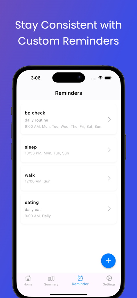Blood Pressure Log Max - Interface of Blood Pressure Log Max app showing custom health reminders for daily blood pressure checks and routines