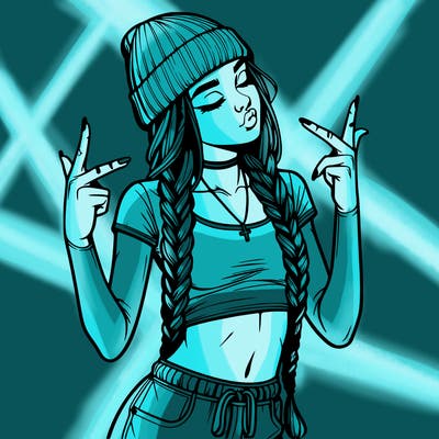 realistic teenage girl with braids and a beanie and crop top doing 🫶🏼