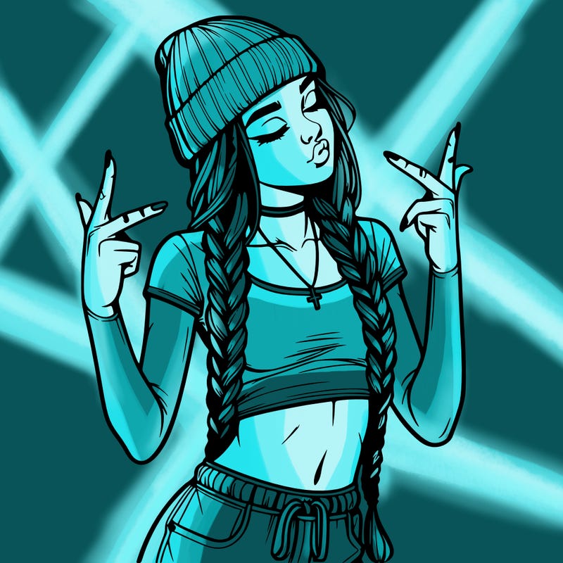 realistic teenage girl with braids and a beanie and crop top doing 🫶🏼